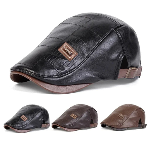 Premium Faux Leather Newsboy Cap - Adjustable Retro Flat Cap for Men