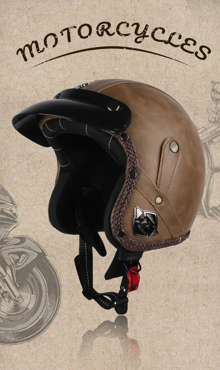 Retro Open Face 3/4 Motorcycle Helmet - Classic PU Leather Chopper & Bicycle Helmet (Vintage Style)