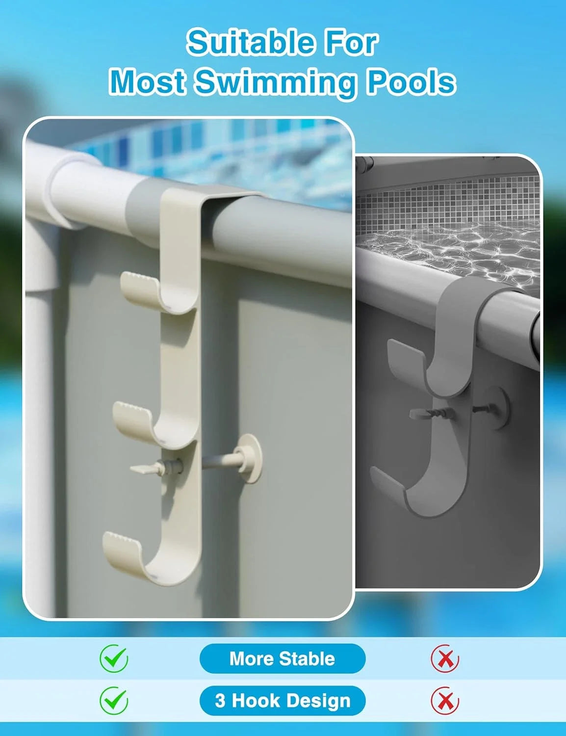 Adjustable Pool Pole Hooks - 2/3-Hook Swimming Pool Equipment Hanger for Telescopic Skimmer Poles and Pool Accessories