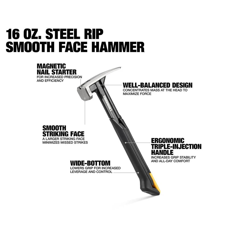 Professional Steel Rip Hammer with Magnetic Nail Starter - Smooth Face Multi-Function Hand Tool (16 oz / 18 oz)