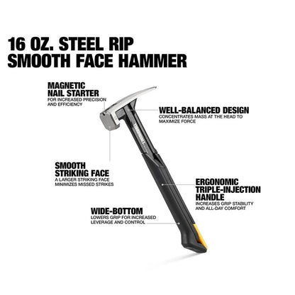 Professional Steel Rip Hammer with Magnetic Nail Starter - Smooth Face Multi-Function Hand Tool (16 oz / 18 oz)