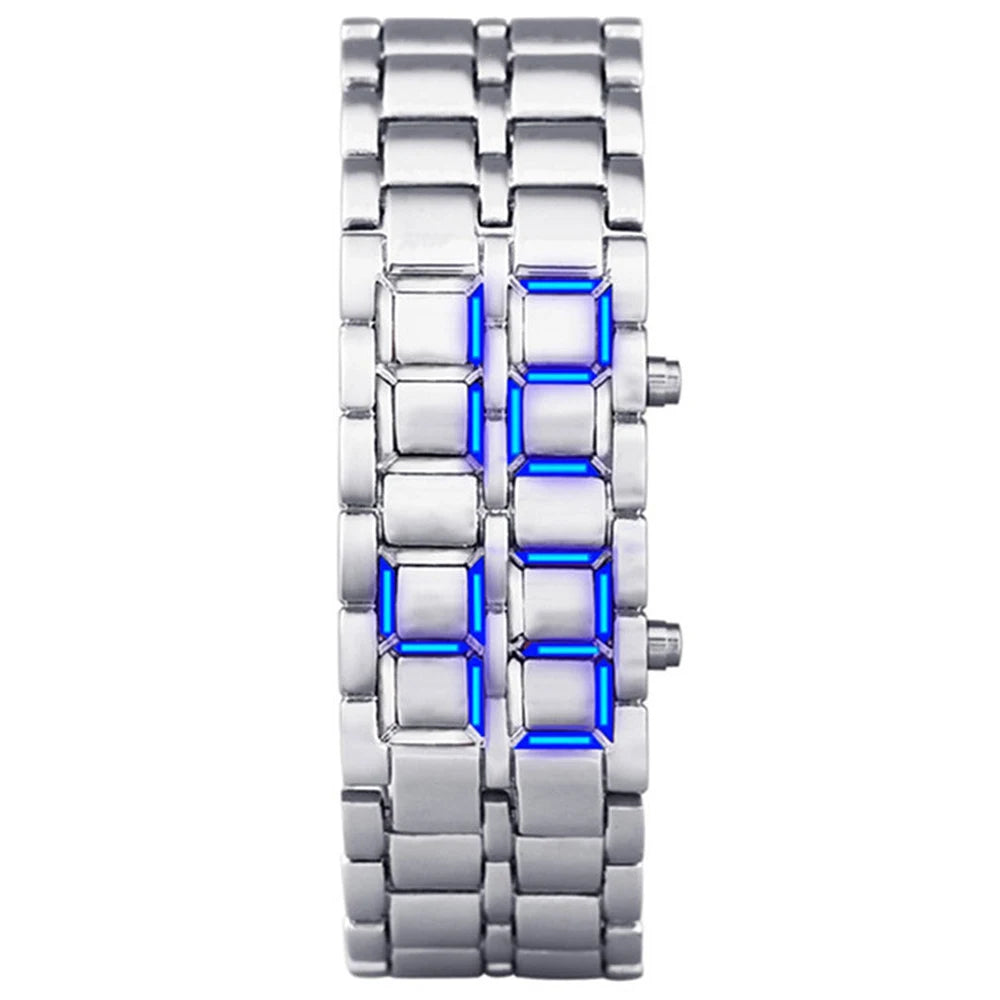 LED Digital Sports Watch - Full Metal Lava Style Wristwatch with Alarm & Calendar (Red/Blue Display)