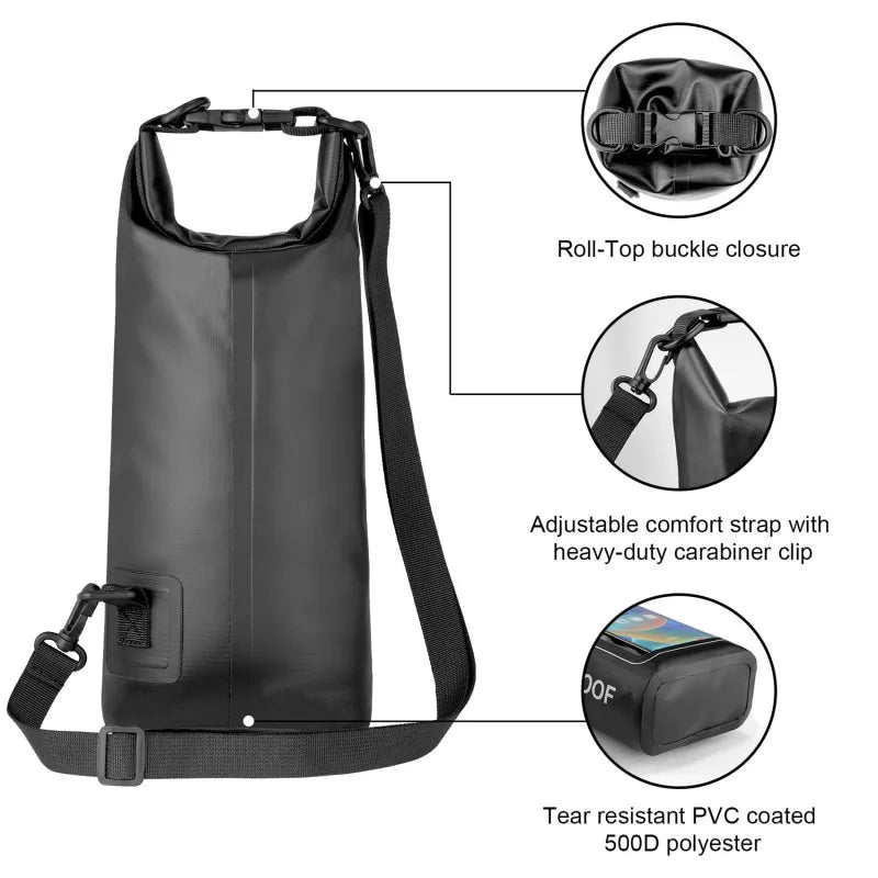 Waterproof PVC Outdoor Dry Bag - 5L & 2L Capacity - Multi-Sport Floating Bag for Swimming, Diving, Kayaking, Rafting & Beach Activities - Crossbody Shoulder Travel Bag for Surfing
