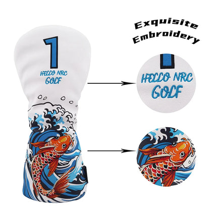 Koi Pattern Golf Club Head Covers – PU Leather, Waterproof, Driver / Fairway / Hybrid / Putter