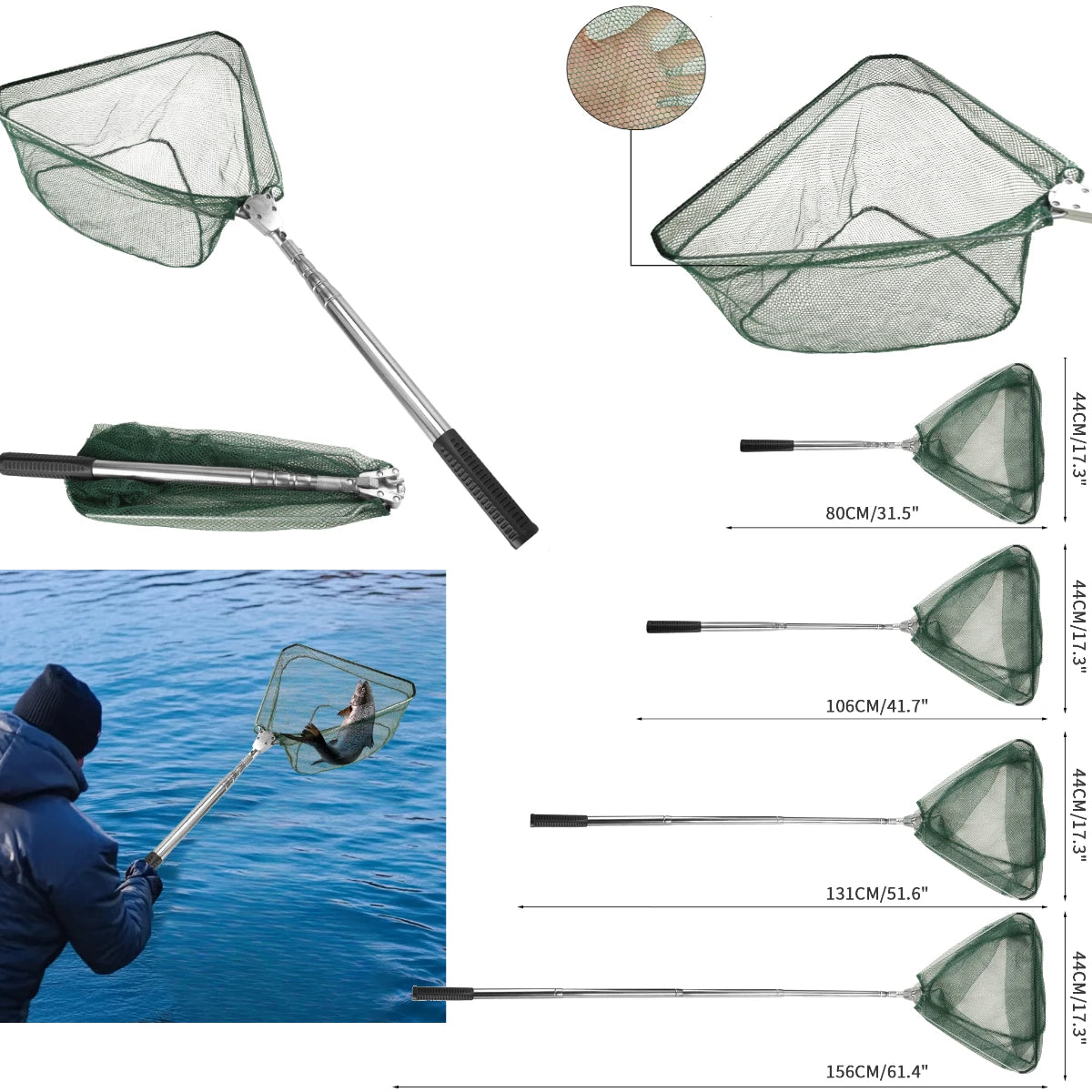 Professional Telescoping Fishing Landing Net - Aluminum Alloy Construction - Extends 55cm to 190cm with Folding Mesh Design