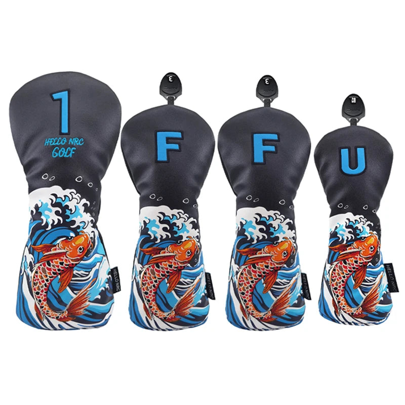 Koi Pattern Golf Club Head Covers – PU Leather, Waterproof, Driver / Fairway / Hybrid / Putter