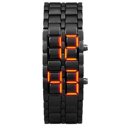 LED Digital Sports Watch - Full Metal Lava Style Wristwatch with Alarm & Calendar (Red/Blue Display)