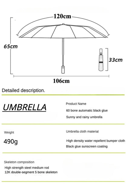 Stormproof Automatic Folding Umbrella - 288-Rib Reinforced Windproof Rain & Sun Umbrella with UPF50+ UV Protection (Men's Large)