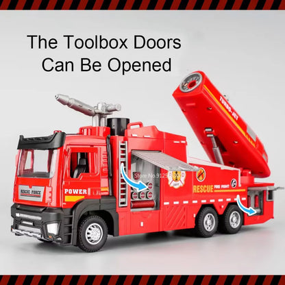 Fire Engine Model Truck 1:32 Scale with Water Spray Function - Ladder Truck Toy with Sound & Light Effects, Pull-Back Action, Opening Doors - Vehicle Collection Gift for Boys