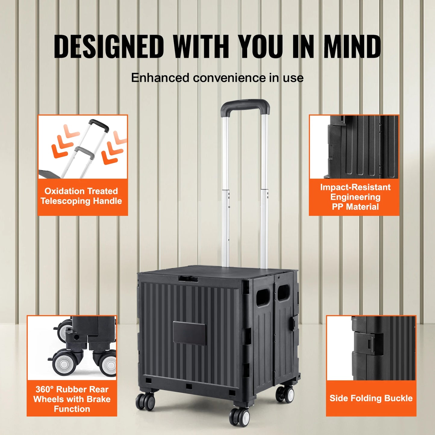 SucceBuy Foldable Utility Cart - Portable Shopping Crate with Telescopic Handle & Wheels for Travel, Office & Garden