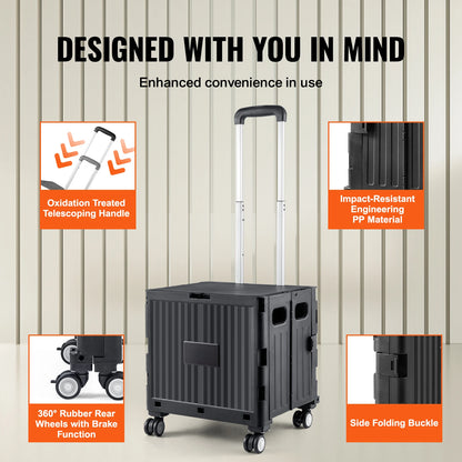 SucceBuy Foldable Utility Cart - Portable Shopping Crate with Telescopic Handle & Wheels for Travel, Office & Garden