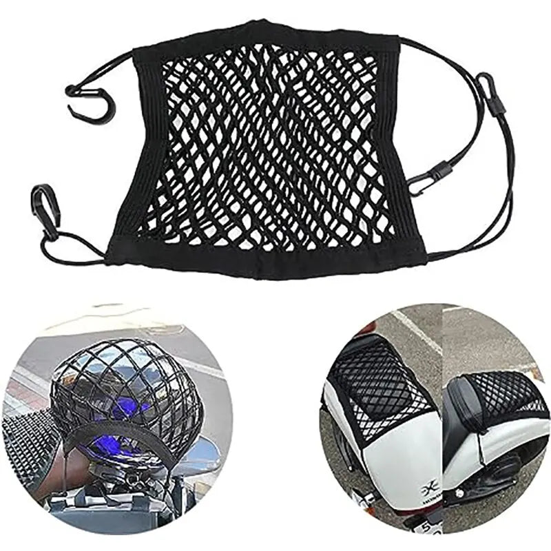 High-Elastic Double Layer Motorcycle Cargo Net - 10"x11" Bungee Net with Hooks for Helmet & Luggage Storage