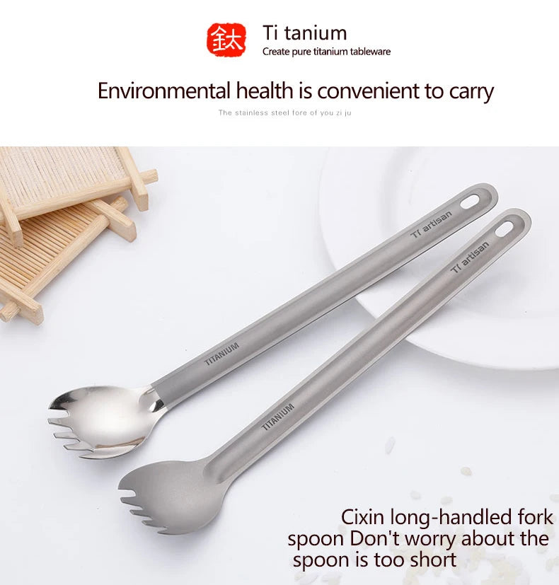 Ultralight Titanium Long Handle Spork - Portable Outdoor Camping Cutlery & Tableware by Tiartisan