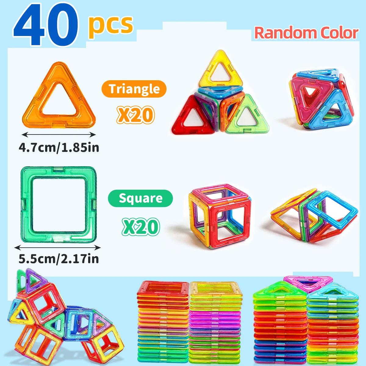 Magnetic Building Blocks Set - Medium Size 60-Piece STEM Construction Toy, Educational DIY Magnet Tiles for Learning & Creative Play