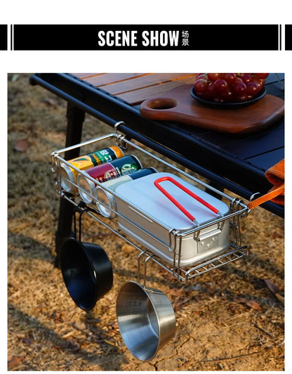 Folding Aluminum Table Extension Rack - IGT Compatible Hanging Mesh Storage Basket with Side Bracket for Outdoor Tables