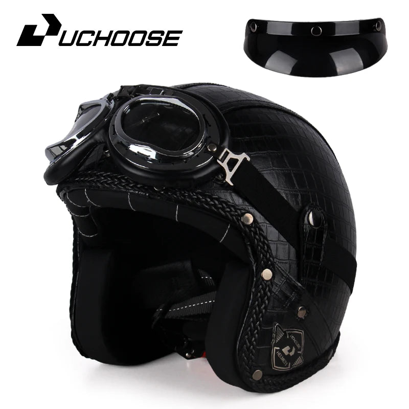 Retro Open Face 3/4 Motorcycle Helmet - Classic PU Leather Chopper & Bicycle Helmet (Vintage Style)