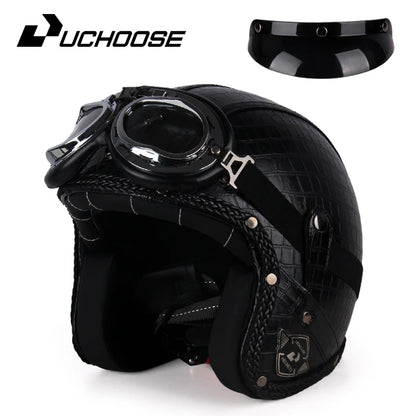 Retro Open Face 3/4 Motorcycle Helmet - Classic PU Leather Chopper & Bicycle Helmet (Vintage Style)