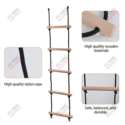 Kids Wooden Rope Ladder Climbing Swing - Indoor Outdoor Playground Recreation Set