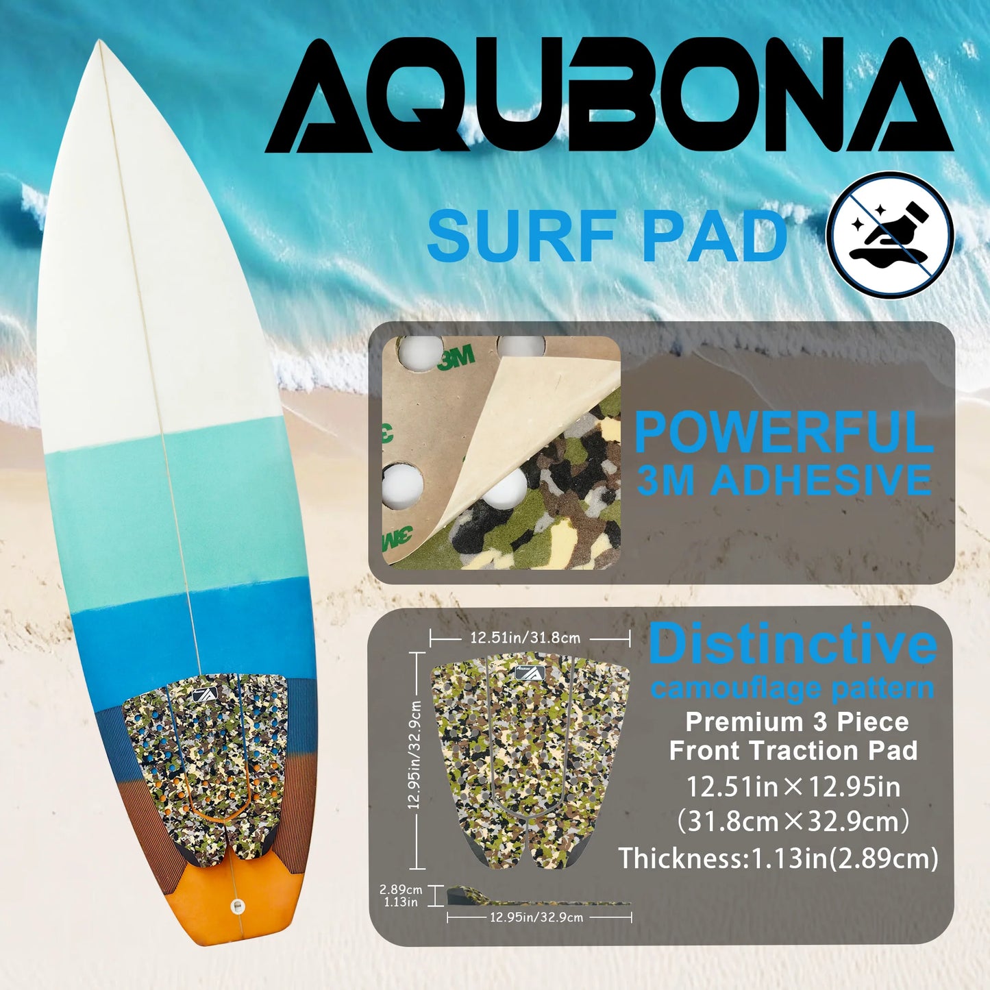 EVA Surfboard Traction Pad - 3-Piece Deck Grip with Tail Kick