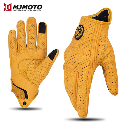 Breathable Perforated Leather Motorcycle Gloves - Retro Yellow Racing Gloves with Touch Screen for Men & Women - Motocross Motorbike Riding Gear