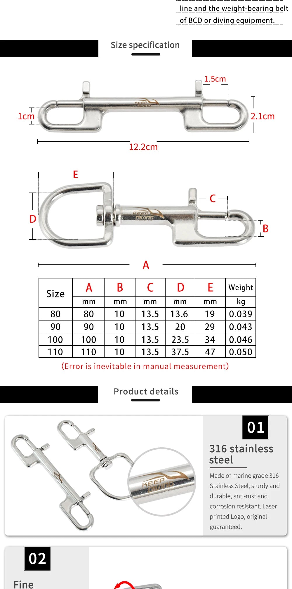 316 Stainless Steel Double-Ended Bolt Snap Hook - 80/90/100/110MM - Scuba Diving BCD Accessories