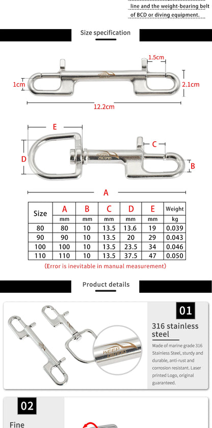 316 Stainless Steel Double-Ended Bolt Snap Hook - 80/90/100/110MM - Scuba Diving BCD Accessories
