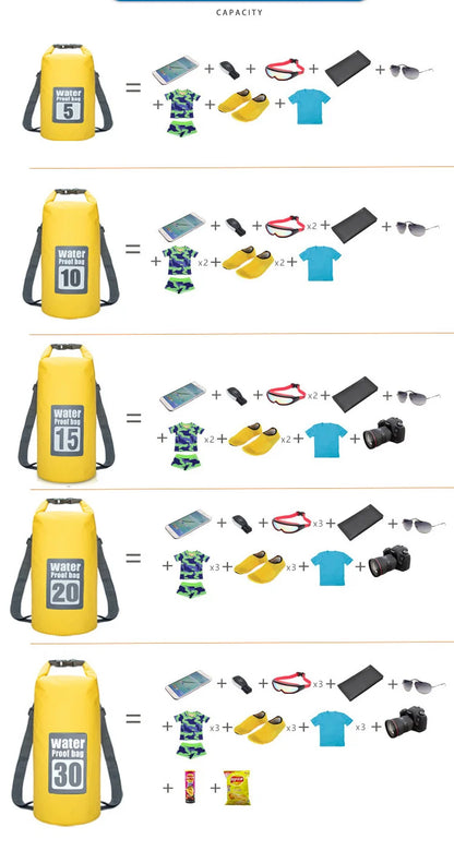 Waterproof Dry Bag Set - 5L/10L/15L/20L/30L PVC Storage Sacks for Kayaking, Canoeing, Rafting & Swimming Adventures