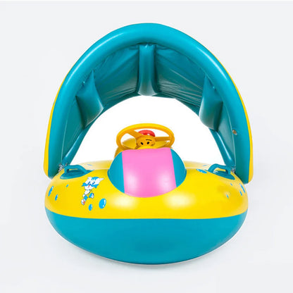 Yellow Inflatable Baby Swimming Pool Float - 1 Piece Sunshade Seat Ring with Steering Wheel