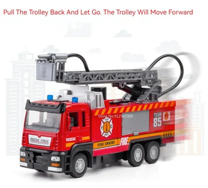 Fire Engine Model Truck 1:32 Scale with Water Spray Function - Ladder Truck Toy with Sound & Light Effects, Pull-Back Action, Opening Doors - Vehicle Collection Gift for Boys