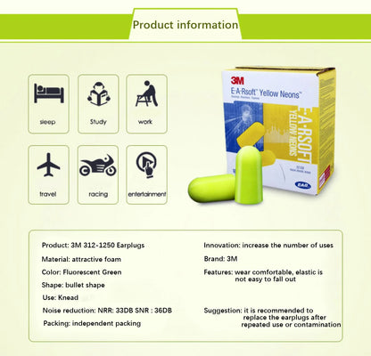 3M 312-1250 Foam Ear Plugs - 10 Pairs Corded Soft Noise Reduction Earplugs for Swimming & Hearing Protection