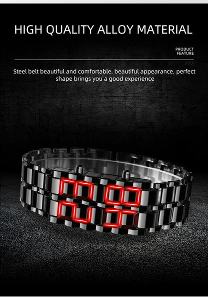 LED Digital Sports Watch - Full Metal Lava Style Wristwatch with Alarm & Calendar (Red/Blue Display)