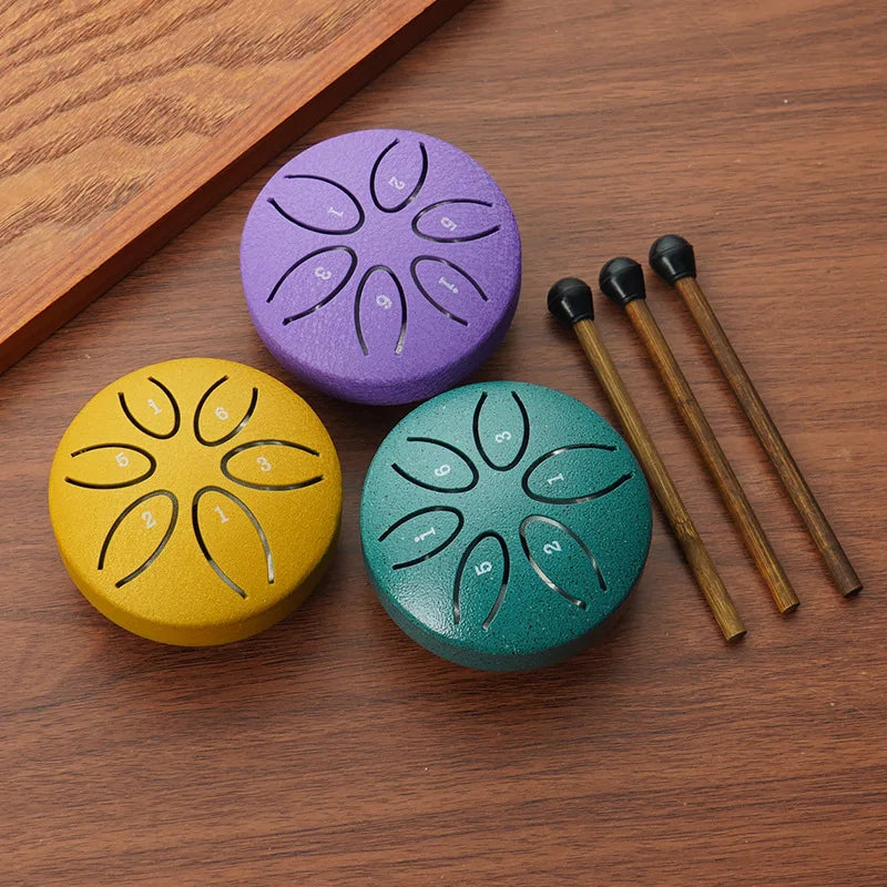 3 Inch Steel Tongue Drum - 6 Tones Mini Hand Drum - Carbon Steel Percussion Instrument with Mallets