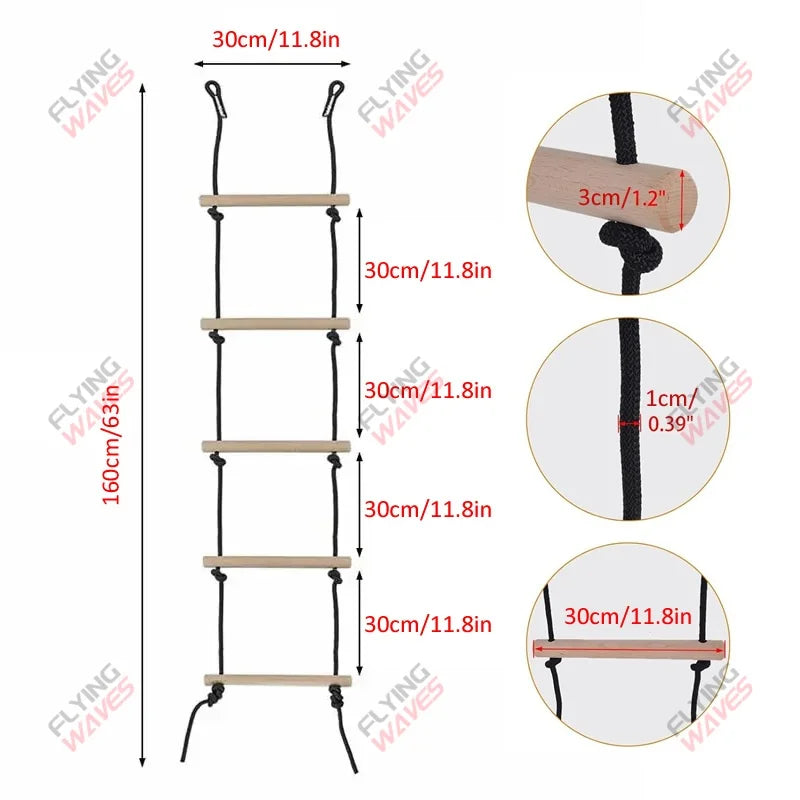 Kids Wooden Rope Ladder Climbing Swing - Indoor Outdoor Playground Recreation Set