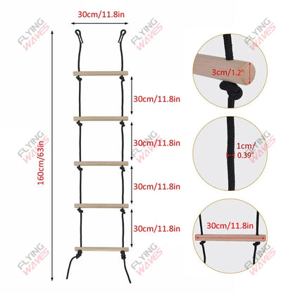 Kids Wooden Rope Ladder Climbing Swing - Indoor Outdoor Playground Recreation Set