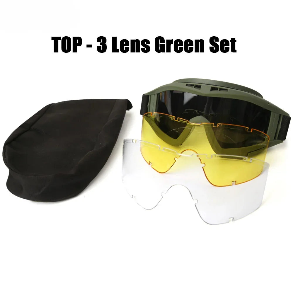 Tactical Airsoft Goggles - 3 Interchangeable Lens - Windproof Dustproof Protection for Shooting, Motocross, Motorcycle & Mountaineering
