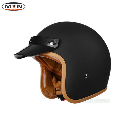 Vintage 3/4 Jet Motorcycle Helmet - DOT Certified Synthetic Leather Open Face Helmet with Mask
