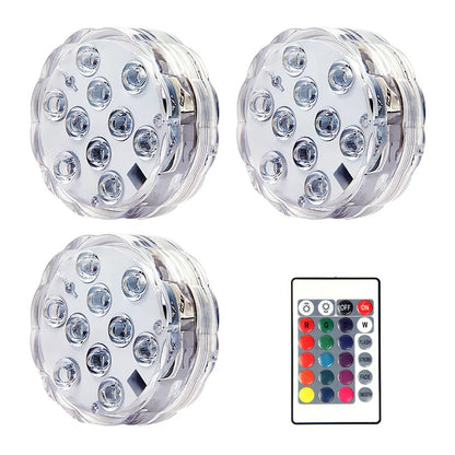 RGB LED Underwater Light - 10 LED Battery Powered Submersible Night Lamp for Swimming Pools, Gardens, Weddings & Party Decorations