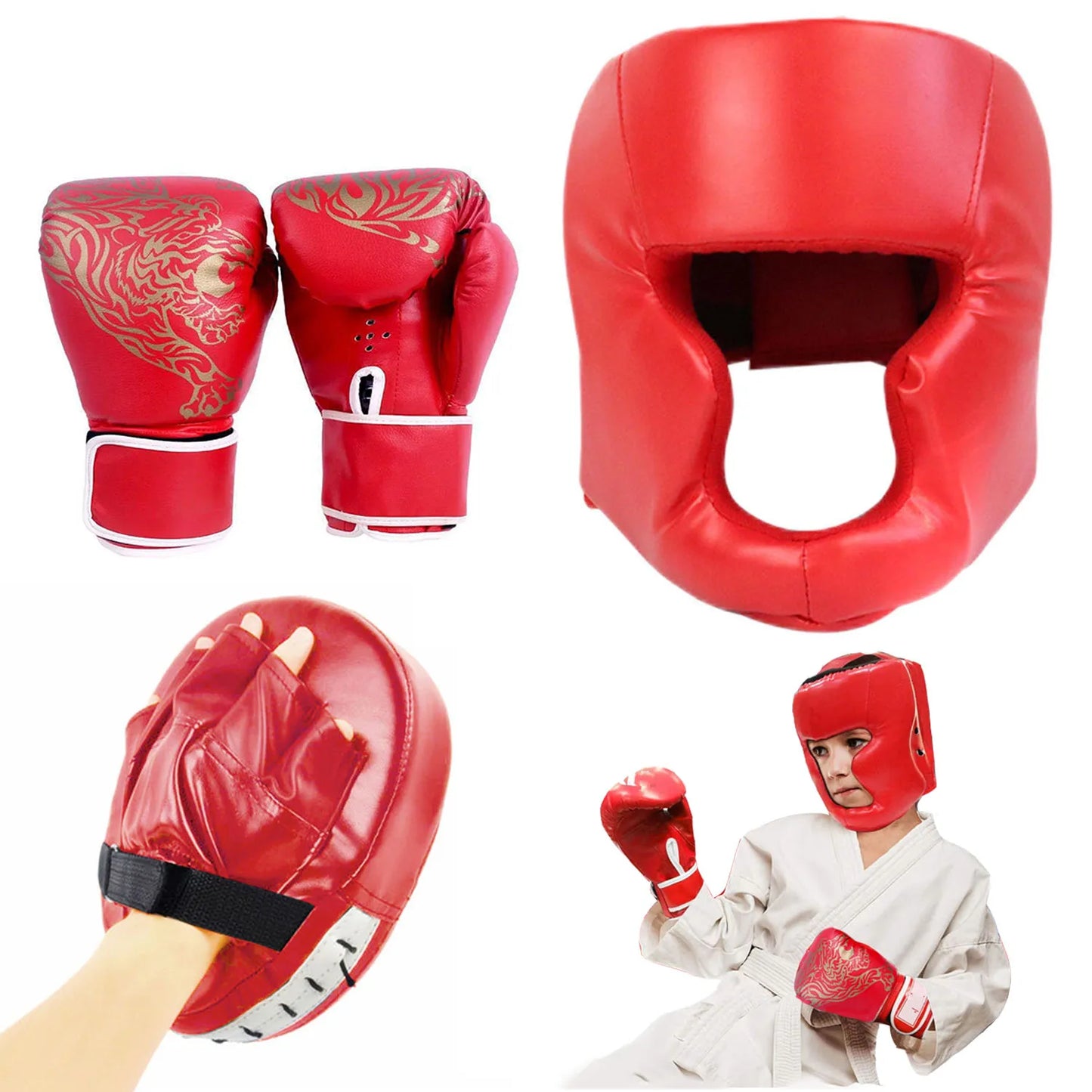 MMA Boxing Training Set - PU Leather Safety Gloves & Head Gear Protector for Adults & Kids - Kickboxing Equipment
