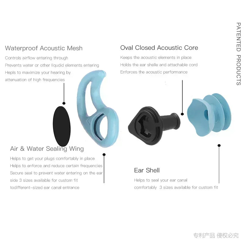Universal-Fit Waterproof Ear Plugs with Sound Transmission - Swimming Surfing Diving Water Sports Accessories with Lanyard