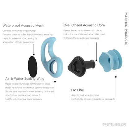 Universal-Fit Waterproof Ear Plugs with Sound Transmission - Swimming Surfing Diving Water Sports Accessories with Lanyard