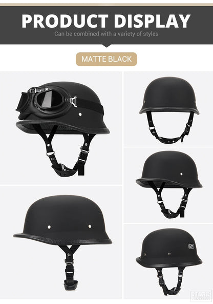 DOT Certified German Leather Vintage Half Helmet - Open Face Motorcycle Helmet for Biker Pilot (S-XXL)