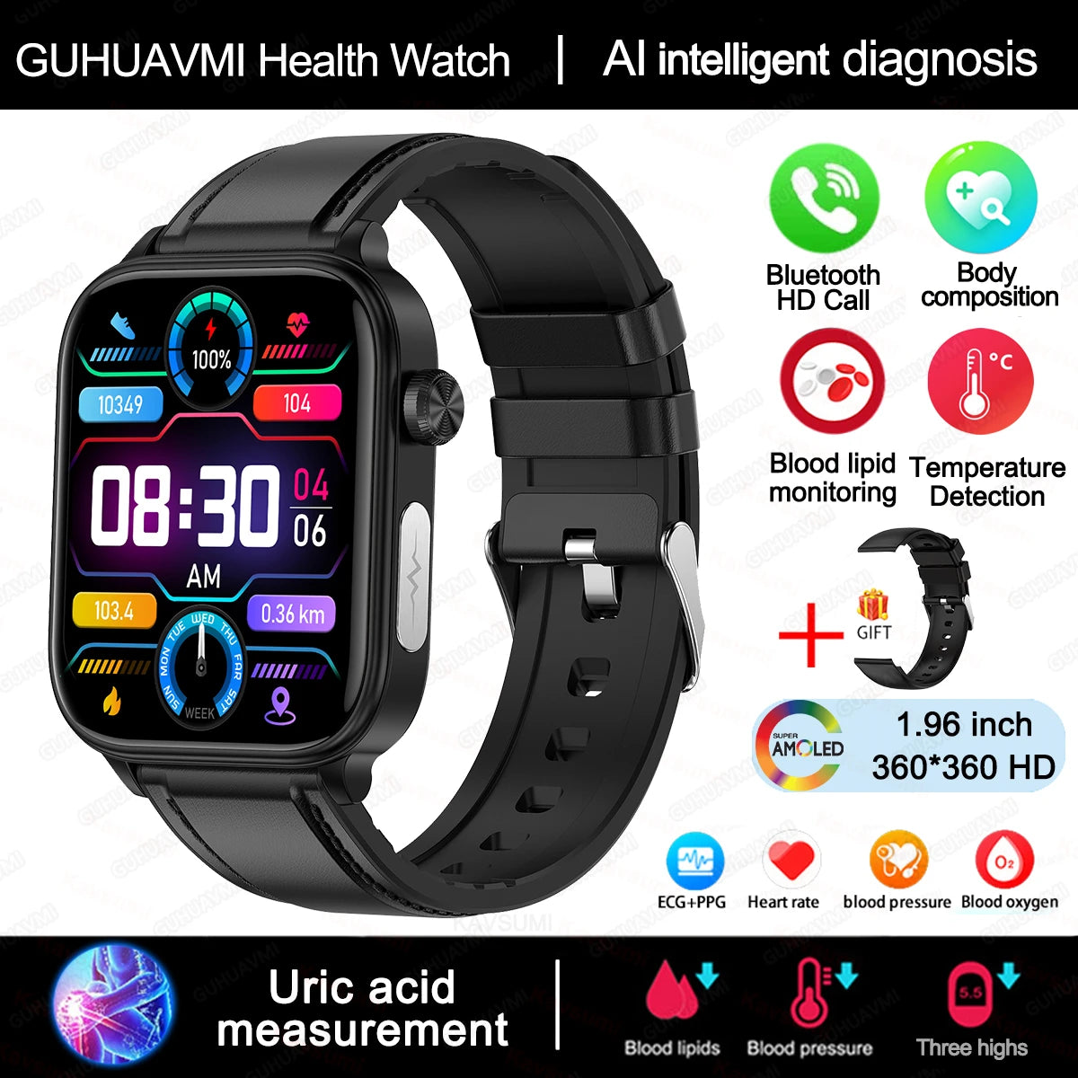 Advanced Health Monitoring Smart Watch - ECG+PPG, Blood Pressure, Heart Rate, 1.96" AMOLED Display, 100+ Sports Modes (Men & Women)