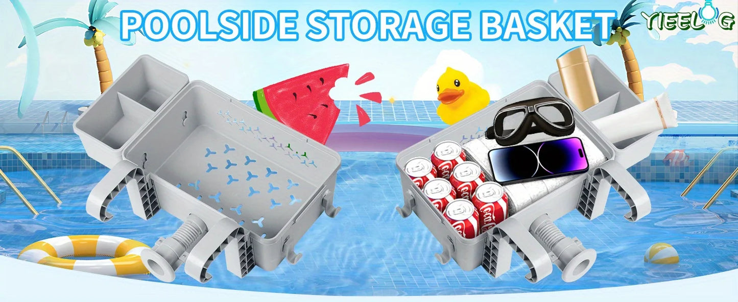 Premium Pool Storage Basket with Cup Holder - Heavy-Duty Plastic Organizer for Above Ground Pools & Outdoor Swimming