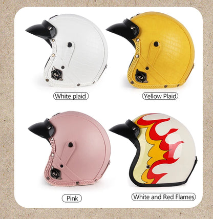 Retro Open Face 3/4 Motorcycle Helmet - Classic PU Leather Chopper & Bicycle Helmet (Vintage Style)