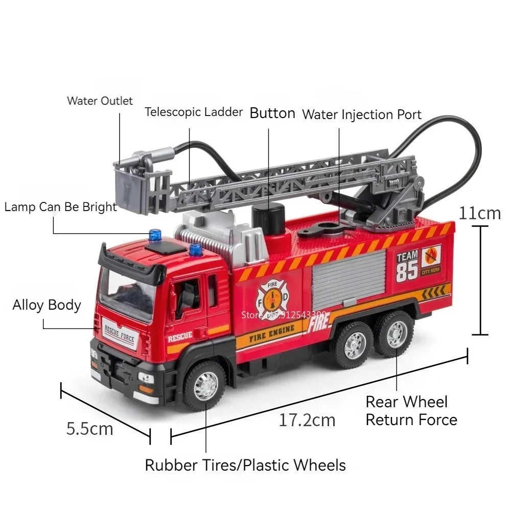 Fire Engine Model Truck 1:32 Scale with Water Spray Function - Ladder Truck Toy with Sound & Light Effects, Pull-Back Action, Opening Doors - Vehicle Collection Gift for Boys