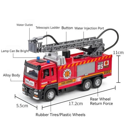 Fire Engine Model Truck 1:32 Scale with Water Spray Function - Ladder Truck Toy with Sound & Light Effects, Pull-Back Action, Opening Doors - Vehicle Collection Gift for Boys