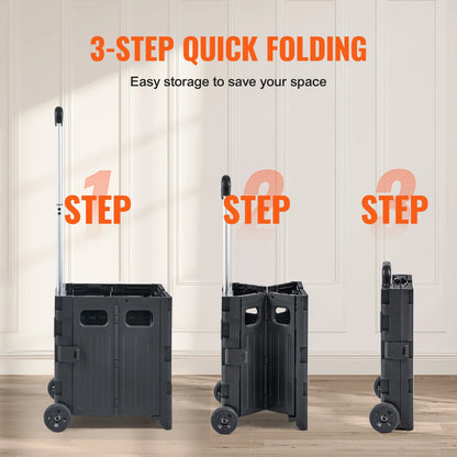 SucceBuy Foldable Utility Cart - Portable Shopping Crate with Telescopic Handle & Wheels for Travel, Office & Garden