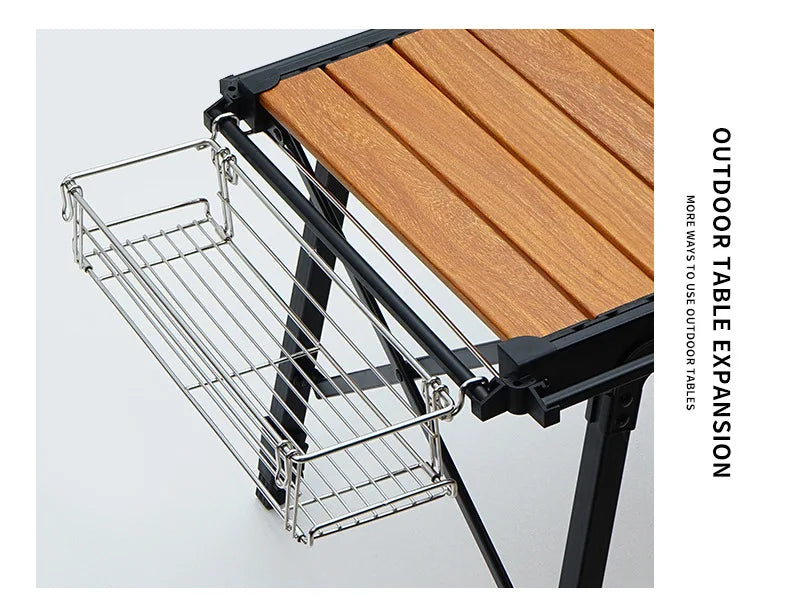 Folding Aluminum Table Extension Rack - IGT Compatible Hanging Mesh Storage Basket with Side Bracket for Outdoor Tables