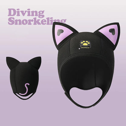 Women's Waterproof 3MM Neoprene Diving Hood - Cute Cat Ears Design with Chin Straps for Swimming & Snorkeling