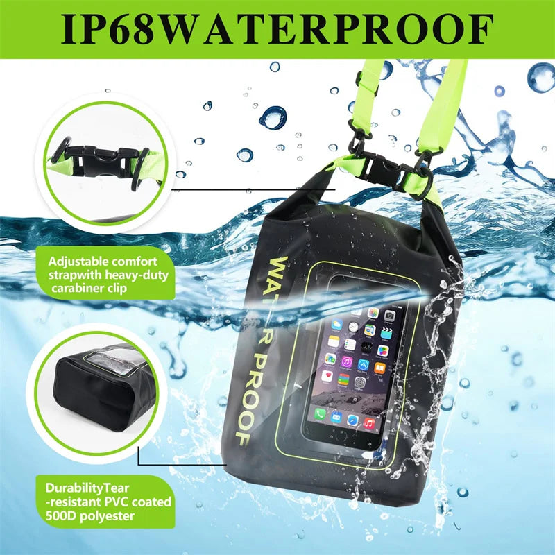 Waterproof PVC Outdoor Dry Bag - 5L & 2L Capacity - Multi-Sport Floating Bag for Swimming, Diving, Kayaking, Rafting & Beach Activities - Crossbody Shoulder Travel Bag for Surfing